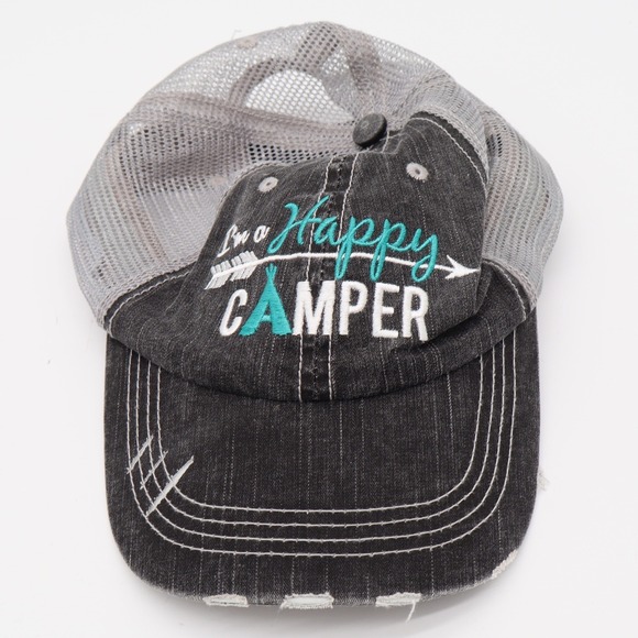 Katydid Accessories - Katydid Hat Womens OSFA Happy Camper Black Distressed Mesh Trucker Cap Excellent